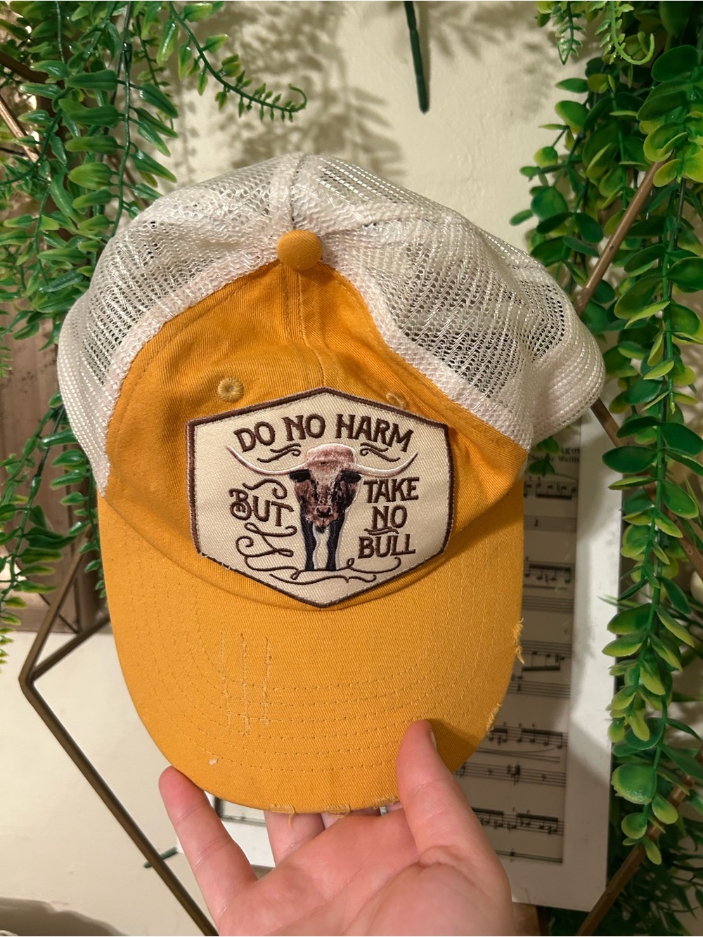 Distressed Trucker Hat with 'Do No Harm But Take No Bull' Patch